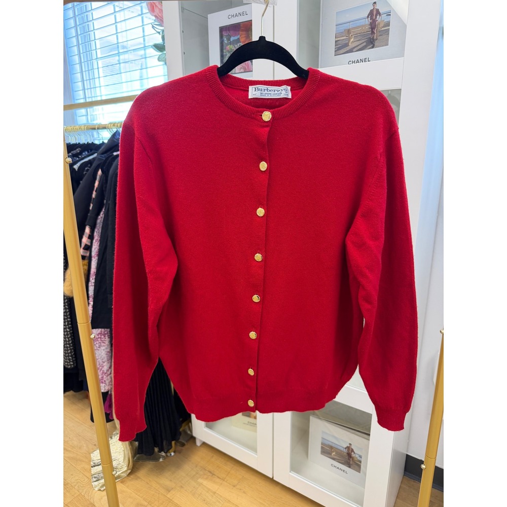 Burberrys Vintage Red Geelong Lambswool Cardigan Gold Equestrian Knight Buttons